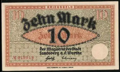 Notgeld Landsberg a. d. Warthe, 10 Mark, Kontroll-Nr. 049949