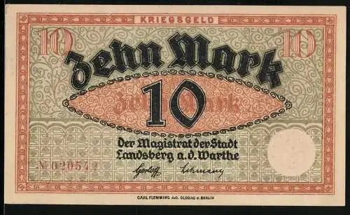 Notgeld Landsberg a. d. Warthe, 10 Mark, Kontroll-Nr. 020542
