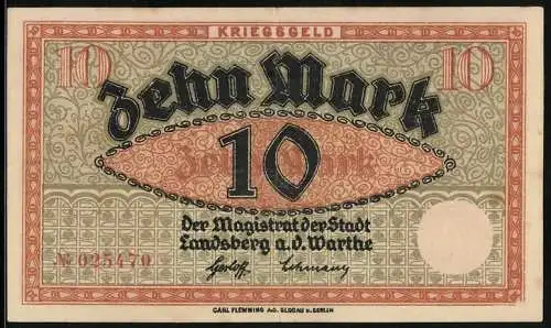Notgeld Landsberg a. d. Warthe, 10 Mark, Kontroll-Nr. 025470