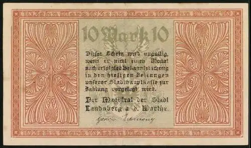 Notgeld Landsberg a. d. Warthe, 10 Mark, Kontroll-Nr. 025470