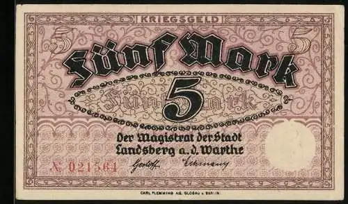 Notgeld Landsberg a. d. Warthe, 5 Mark, Kontroll-Nr. 021564