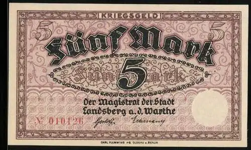 Notgeld Landsberg a. d. Warthe, 5 Mark, Kontroll-Nr. 010126