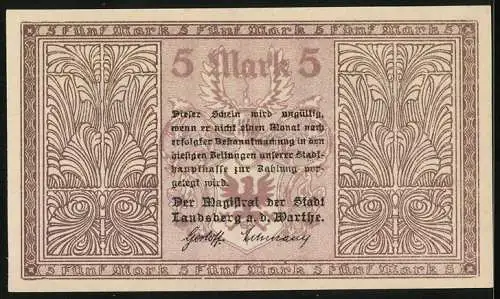 Notgeld Landsberg a. d. Warthe, 5 Mark, Kontroll-Nr. 010126