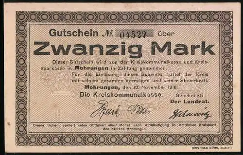 Notgeld Mohrungen 1918, 20 Mark, Kontroll-Nr. 04527