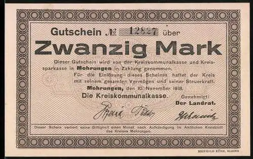 Notgeld Mohrungen 1918, 20 Mark, Kontroll-Nr. 12827