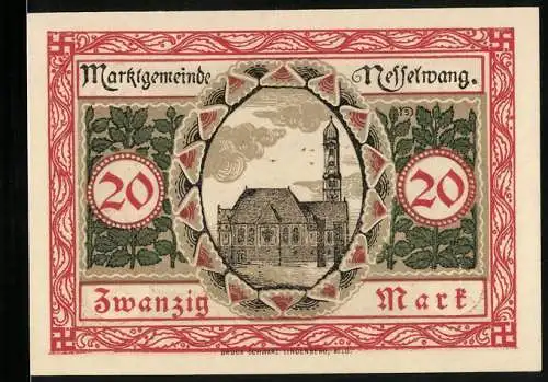 Notgeld Nesselwang 1918, 20 Pfennig, Blick zur Kirche