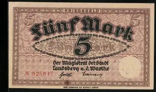Notgeld Landsberg a. d. Warthe, 5 Mark, Kontroll-Nr. 025947
