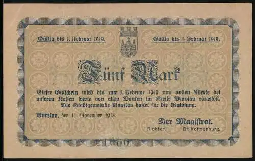 Notgeld Bunzlau 1918, 5 Mark, Kontroll-Nr. 022219