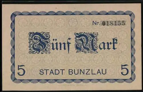 Notgeld Bunzlau 1918, 5 Mark, Kontroll-Nr. 018155