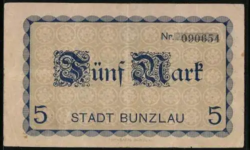 Notgeld Bunzlau 1918, 5 Mark, Kontroll-Nr. 090654