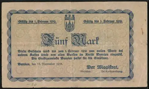 Notgeld Bunzlau 1918, 5 Mark, Kontroll-Nr. 090654