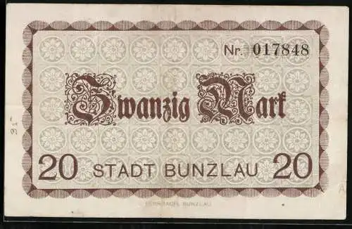 Notgeld Bunzlau 1918, 20 Mark, Kontroll-Nr. 017848