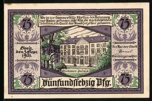 Notgeld Greiz 1921, 75 Pfennig, Das Sommer-Palais