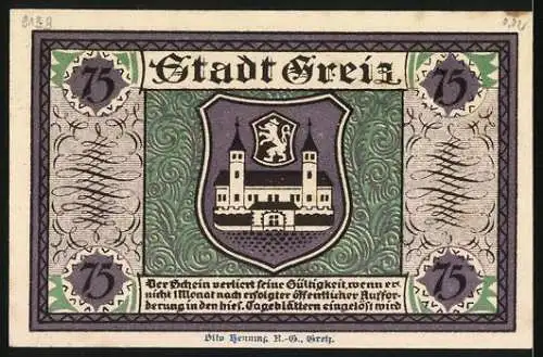 Notgeld Greiz 1921, 75 Pfennig, Das Sommer-Palais