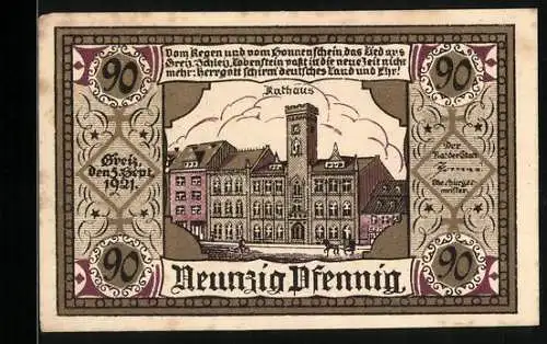 Notgeld Greiz 1921, 90 Pfennig, Partie am Rathaus