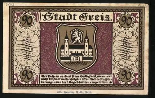 Notgeld Greiz 1921, 90 Pfennig, Partie am Rathaus