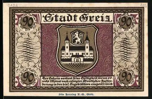 Notgeld Greiz 1921, 90 Pfennig, Das Rathaus