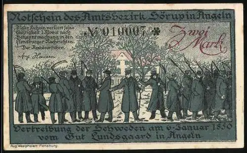 Notgeld Sörup in Angeln, 2 Mark, Vertreibung der Schweden vom Gut Lundsgaard, 1850