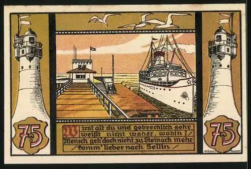 Notgeld Sellin a. Rügen, 75 Pfennig, Dampfer an der Landungsbrücke