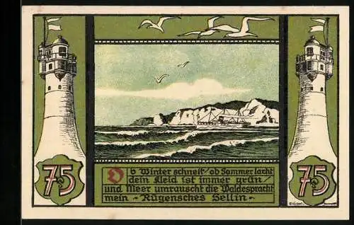 Notgeld Sellin a. Rügen, 75 Pfennig, Dampfer vor den Kreidefelsen