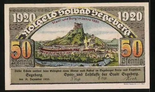 Notgeld Segeberg 1920, 50 Pfennig, Stadt und Burg um 1580