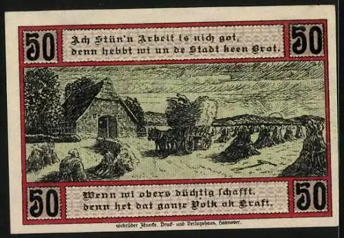 Notgeld Selsingen 1920, 50 Pfennig, Heuwagen am Bauernhof