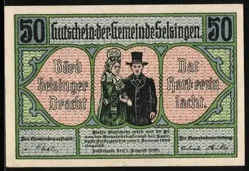 Notgeld Selsingen 1920, 50 Pfennig, Heu-beladener Wagen am Bauernhof