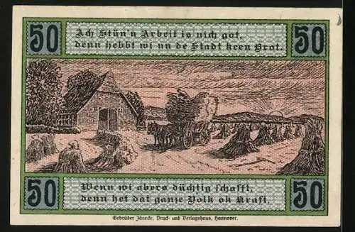 Notgeld Selsingen 1920, 50 Pfennig, Heu-beladener Wagen am Bauernhof