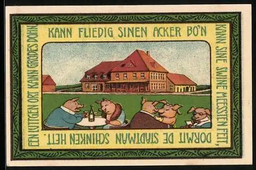 Notgeld Siedenburg, 75 Pfennig, Vermenschlichte Schweine am Gutshof