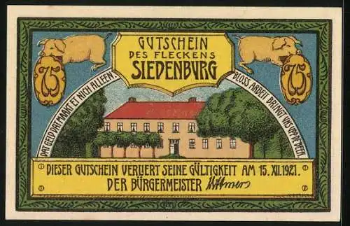 Notgeld Siedenburg, 75 Pfennig, Vermenschlichte Schweine am Gutshof