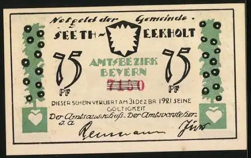 Notgeld Seeth-Eekholt, 75 Pfennig, Bauer mit einer Wagenladung Heu