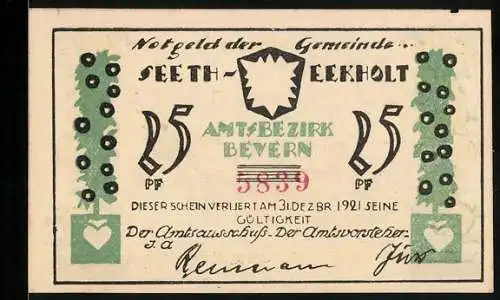 Notgeld Seeth-Eekholt, 25 Pfennig, Bauer am Pferdepflug