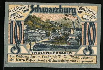 Notgeld Schwarzburg im Schwarzatal 1921, 10 Pfennig, Ortspartie an der Flussbrücke