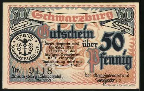 Notgeld Schwarzburg im Schwarzatal 1921, 50 Pfennig, Ortsansicht aus der Vogelschau