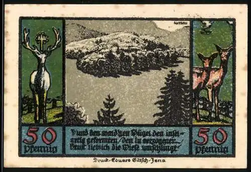 Notgeld Schwarzburg im Thür. Wald 1922, 50 Pfennig, Bewaldeter Hügel