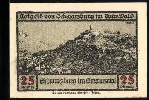 Notgeld Schwarzburg im Thür. Wald 1922, 25 Pfennig, Ortsansicht mit dem Schloss
