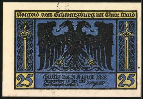 Notgeld Schwarzburg im Thür. Wald 1922, 25 Pfennig, Ortsansicht mit dem Schloss