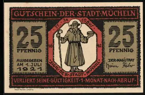 Notgeld Mücheln 1921, 25 Pfennig, Steinbild am Hause Markt 15, St. Jacobus