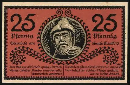 Notgeld Mücheln 1921, 25 Pfennig, Steinbild am Hause Markt 15, St. Jacobus