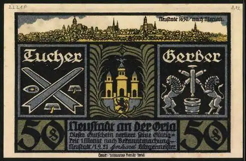 Notgeld Neustadt an der Orla 1921, 50 Pfennig, Ortspartie mit im Reigen tanzenden Mädchen um 1800