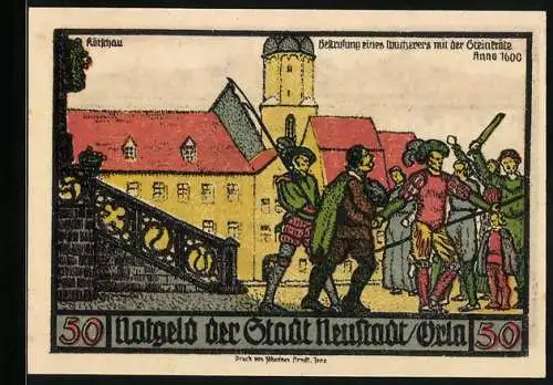 Notgeld Neustadt an der Orla 1921, 50 Pfennig, Bestrafung eines Wucherers um 1600
