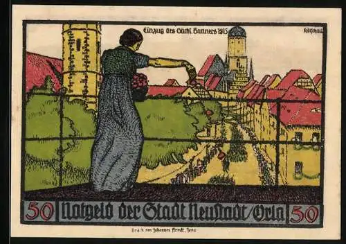 Notgeld Neustadt an der Orla 1921, 50 Pfennig, Einzug des Sächs. Banners 1815