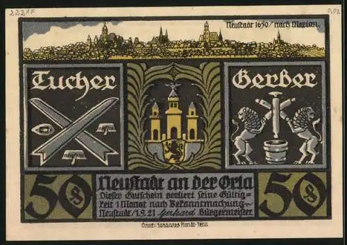 Notgeld Neustadt an der Orla 1921, 50 Pfennig, Einzug des Sächs. Banners 1815