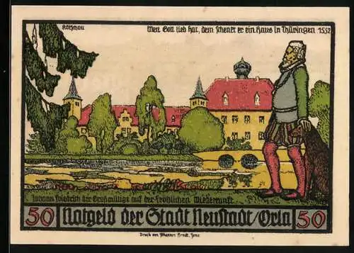 Notgeld Neustadt an der Orla 1921, 50 Pfennig, Johann Friedrich der Grossmütige auf der fröhlichen Wiederkunft