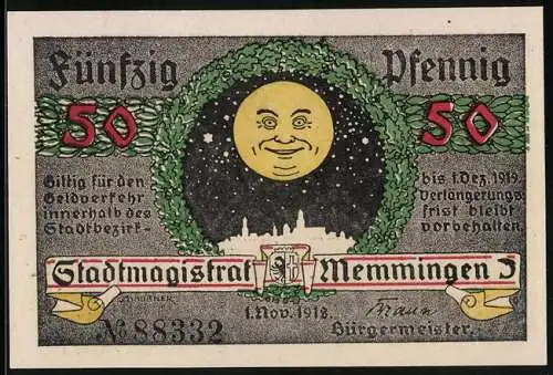Notgeld Memmingen 1918, 50 Pfennig, Frontalansicht des Rathauses
