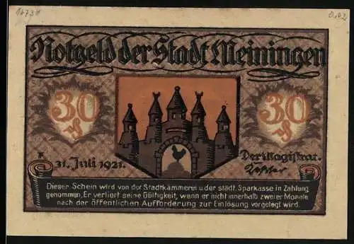 Notgeld Meiningen 1921, 30 Pfennig, Wappen mit Tor und Hahn