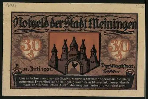 Notgeld Meiningen 1921, 30 Pfennig, Wappen mit Tor und Hahn