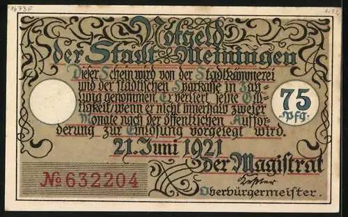Notgeld Meiningen 1921, 75 Pfennig, Das Obere Tor