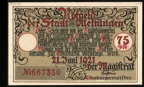 Notgeld Meiningen 1921, 75 Pfennig, Das Untere Tor