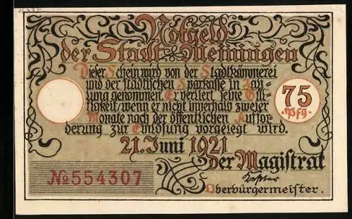 Notgeld Meiningen 1921, 75 Pfennig, Die Alte Marktschule